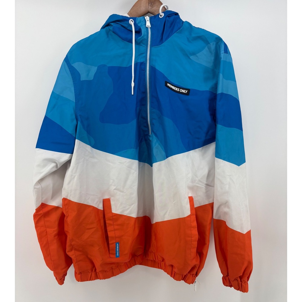 Members Only Sport Windbreaker Hoodie‎ Blue Orange White Quarter Zip